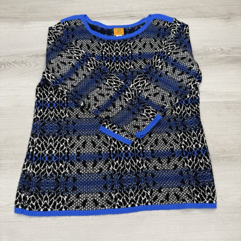 Ruby Rd Woman Pullover Sweater 2X Blue Black White Geometric Jacquard Made USA